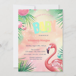 Elegante Flamingos Palmwedel Babyparty  Einladung