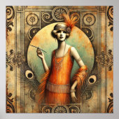 Elegante Flapper Lady in einem orangefarbenen Klei Poster (Vorne)