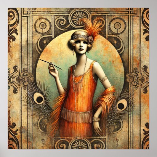 Elegante Flapper Lady in einem orangefarbenen Klei Poster (Vorne)