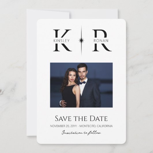 Elegante Flare-Monogramm-Hochzeit 'Save the Date' (Vorderseite)