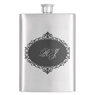 Elegante Flasche Schwarz Silber Monogramm Flachmann