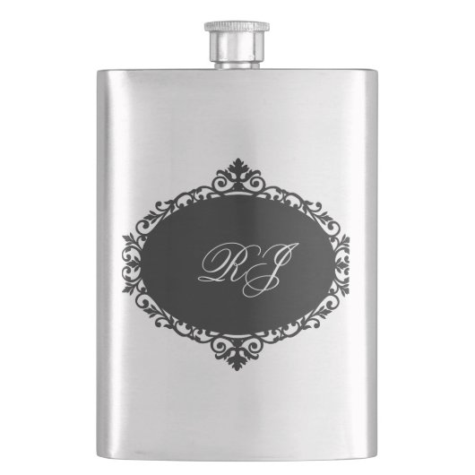 Elegante Flasche Schwarz Silber Monogramm Flachmann (Vorderseite)