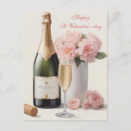 Elegante Flasche Wein Rosa Rosen Valentine Feiertagspostkarte