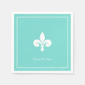 Elegante Fleur-de-lis oder Lily-Blume auf Aquamari Serviette (Vorderseite)