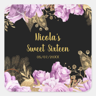Elegante Flieder- und Goldblumen Sweet Sixteen Quadratischer Aufkleber
