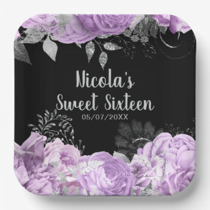 Elegante Flieder- und Silberblumen Sweet Sixteen Pappteller