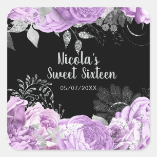 Elegante Flieder- und Silberblumen Sweet Sixteen Quadratischer Aufkleber