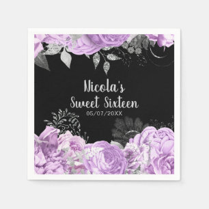 Elegante Flieder- und Silberblumen Sweet Sixteen Serviette