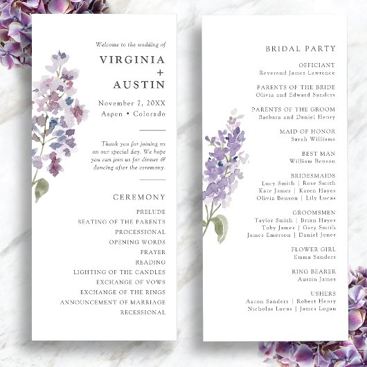Elegante Fliederhochzeit Programm