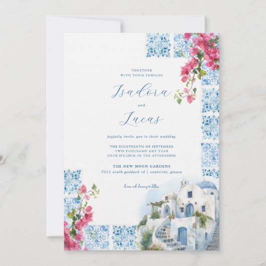 Elegante Fliesen mit floraler Wasserfarbe | Hochze Einladung (Vorderseite)