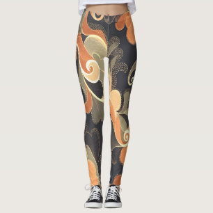 Elegante fließende Blumen in warmem Gold und Pfirs Leggings