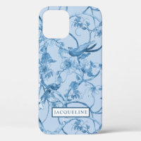 Elegante Flora Chinoiserie Dusty Blaue weiße Vögel