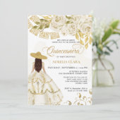 Elegante Flora Ivory Goldenes Pferd Quinceñera Einladung (Stehend Vorderseite)