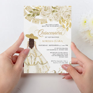 Elegante Flora Ivory Goldenes Pferd Quinceñera Einladung