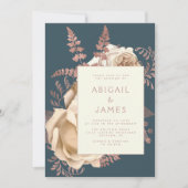 Elegante Flora Ivory Rose Gold Aquamarin Blue Wedd Einladung (Vorderseite)