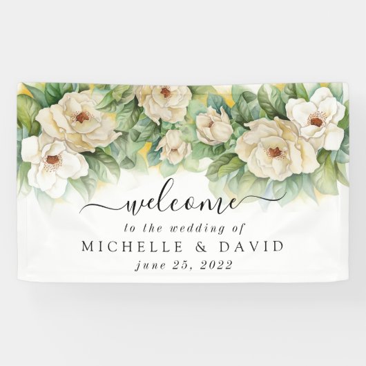 Elegante Flora Magnolia Watercolor Hochzeit Willko Banner (Horizontal)