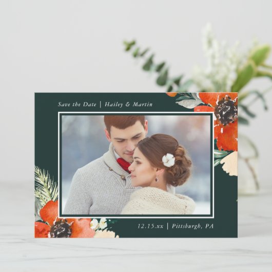 Elegante Flora mit Foto Hochzeit Speichern Sie das Save The Date (Stehend Vorderseite)