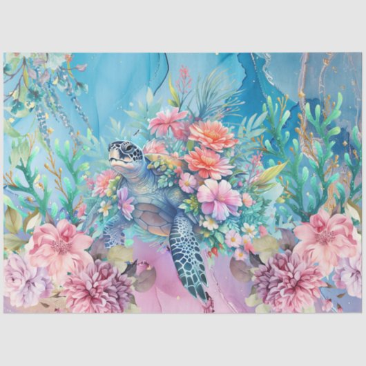 Elegante Flora Sea Turtle Decoupage Seidenpapier (Vorderseite)