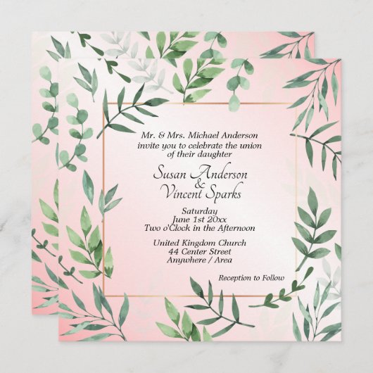 Elegante Flora und Fauna Touch Rosa Hochzeit Einladung (Vorne/Hinten)