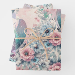 Elegante Flora und Schmetterlinge Geschenkpapier Set
