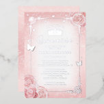 Elegante Flora Wasserfarbe Rosa Stilvoll Folieneinladung<br><div class="desc">Suchen Sie nach eleganten, echten Folienideen, die hellrosa Quinceanera-Kleider wunderbar mit Schmetterlingen ergänzen? Erhältlich in echter Silberfolie, Gelbgold oder Rose in Metallic, goldfarben, kreieren Sie Ihre eigenen personalisierten Quitten auf diesem luxuriösen DIY-Template. Die originale Märchenkunst von Raphaela Wilson zeigt sanfte, rot-rosa Rose mit echter silberner Verschmutzung für die floralen Akzente,...</div>