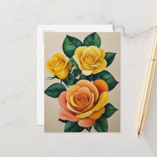 Elegante Flora Watercolor Gelbe Rosen Postkarte (Vorderseite/Rückseite Beispiel)