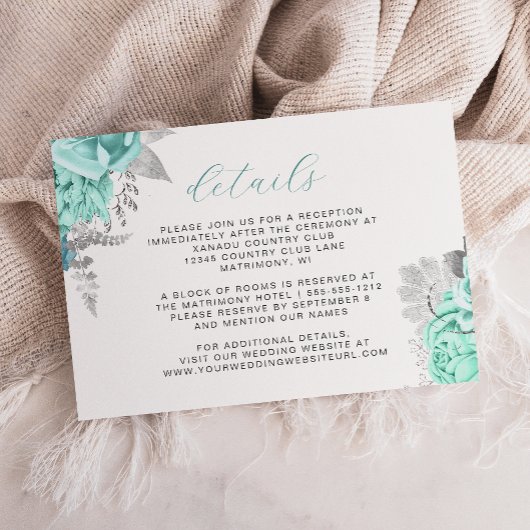 Elegante Floral Aqua Silver Script Hochzeitsdetail Begleitkarte