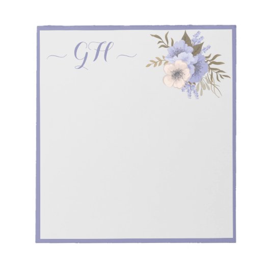 Elegante Floral Bouquet Gray Blue Pink Initials Notizblock (Vorderseite)