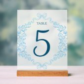 Elegante Floral & Bow Blue Wedding Tischnummer Acrylschild (Neutral)