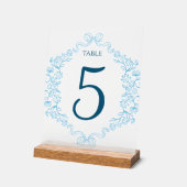 Elegante Floral & Bow Blue Wedding Tischnummer Acrylschild (Winkel)