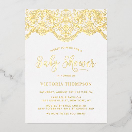 Elegante Floral Brocade Lace Baby Dusche Folieneinladung (Vorderseite)