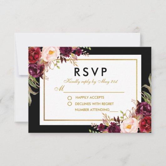 Elegante floral Burgundy Black Gold Wedding RSVP (Vorderseite)