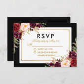 Elegante floral Burgundy Black Gold Wedding RSVP (Vorne/Hinten)