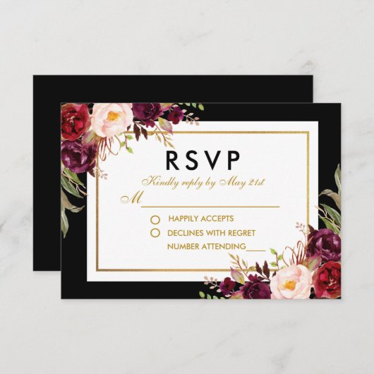 Elegante floral Burgundy Black Gold Wedding RSVP (Vorne/Hinten)