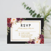 Elegante floral Burgundy Black Gold Wedding RSVP Karte (Stehend Vorderseite)