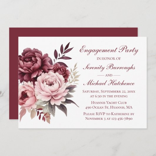 Elegante floral Burgundy Peony Wedding Verlobung Einladung (Vorne/Hinten)
