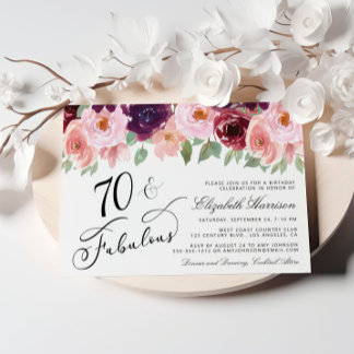 Elegante Floral Burgundy Pink 70. Geburtstagsparty Einladung