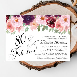 Elegante Floral Burgundy Pink 80. Geburtstagsparty Einladung