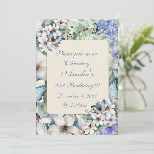 Elegante Floral & Butterflies Geburtstag Einladung (Stehend Vorderseite)
