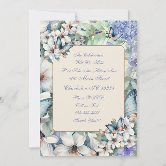 Elegante Floral & Butterflies Geburtstag Einladung (Rückseite)