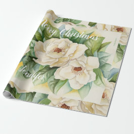 Elegante Floral Christmas Magnolia Weißer Name  Geschenkpapier
