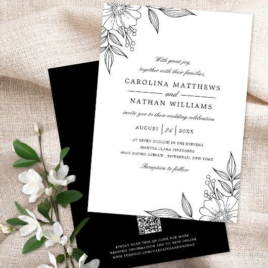 Elegante Floral Corners Wedding Black QR Code Einladung