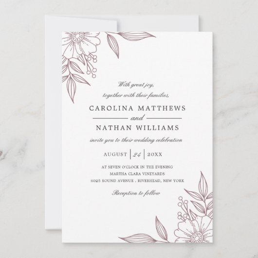 Elegante Floral Corners Wedding Mauve QR Code Einladung (Vorderseite)