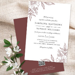 Elegante Floral Corners Wedding Rust Red QR Code Einladung