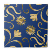 Elegante Floral Damask Navy Blue & Gold Sonnenblum Fliese (Vorderseite)