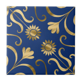 Elegante Floral Damask Navy Blue & Gold Sonnenblum Fliese