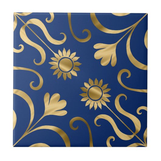 Elegante Floral Damask Navy Blue & Gold Sonnenblum Fliese (Vorderseite)