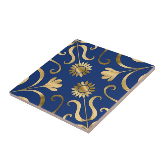 Elegante Floral Damask Navy Blue & Gold Sonnenblum Fliese (Seite)