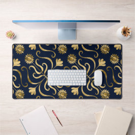 Elegante Floral Damask Navy Blue & Gold Sonnenblum Schreibtischunterlage