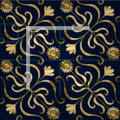 Elegante Floral Damask Navy Blue & Gold Sonnenblum Stoff (Kachel)